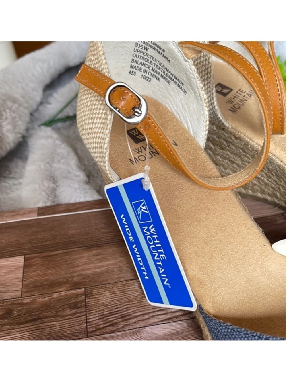 White Mountain Blue Canvas Espadrille Wedge Sandals with Tan Ankle Straps